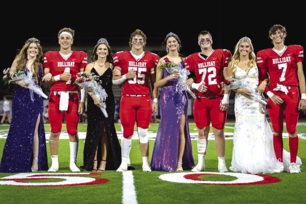 The Holliday Homecoming Court poses for a photo on Friday, Sept. 29. (L to R) Kelby Jones, Grant Cox, Bailee Bowers, Cooper Turner, Kenna Wood, Caleb Foster, Kynzee Jackson and Parker Fandler. Courtesy photo/Jim Harrison