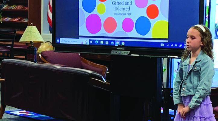 Members of the Windthorst ISD gifted and talented program gave a presentation about the program during the school board meeting on Monday, March 18. The students and sponsors were then recognized as the students and staff of the month. Photo/Nathan Lawson