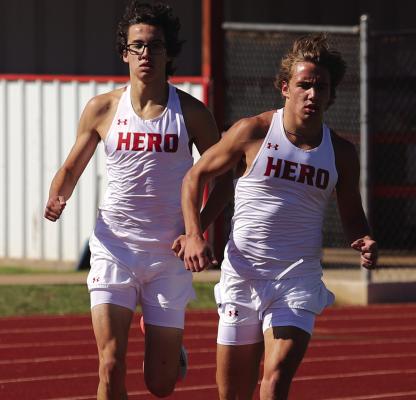 Twins Noah (R) and Ryder (L) Strohman took swept the top two spots in the 800-meter, mile, and two-mile runs for Holliday at the District 7-3A track and field meet on Thursday, April 9. Photo/Landon Davis