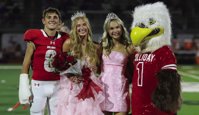 Harley Edmonds was crowned as the Holliday Homecoming Queen at halftime of the Eagles 46-45 loss to Childress on Friday, Sept. 18. She was escorted by Trynt Palmer. Photo/Rolando Medina