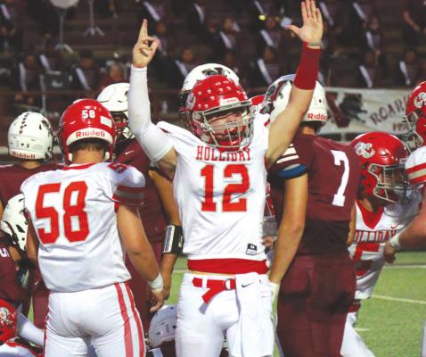 Holliday’s Peyton Marchand celebrates a touchdown in the Eagles’ 36-7 win over Vernon on Friday, Sept. 10. Courtesy photo/Michae; Jones