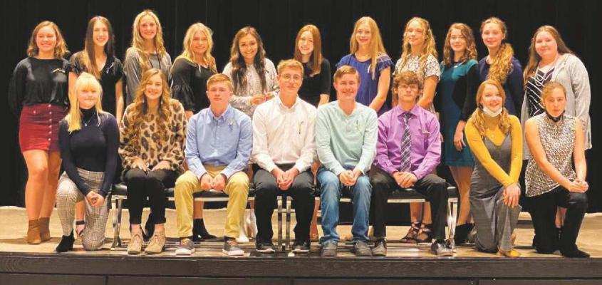 New members pose following a candle lighting and pinning ceremony. Top Row (L-R): Emily Shephard, Kadence Huffman, Mallory Maxwell, Jill Liles, Isabela Walker-Hernandez, Camryn Cox, Sara Schroeder, Rebecca Taggart, Kelsey Aultman, Candace Taggart and Haizleigh Baugh; Bottom Row (L-R): Jennifer Ellis, Faith Morris, Gunner Smith, Ryan Wilson, Fallon Blair, Seth Emrick, Madison Ellis and Jennifer Smith. Courtesy photo/ Archer City ISD