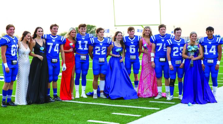 Windthorst’s 2022 Homecoming Court (L to R): Koda Sternadel, Isabelle Bussey, Kyah Frank, Bryson Berend, Cameron Belcher, Logan Cope, Clay Hoff, Bree Kirk, Grayson Steinberger, Rylee Wolf, Larson Vieth, Landon Mc-Lemore, Homecoming Queen Raelyn Bussey and Jorge Moreno. Photo/Will Edwards