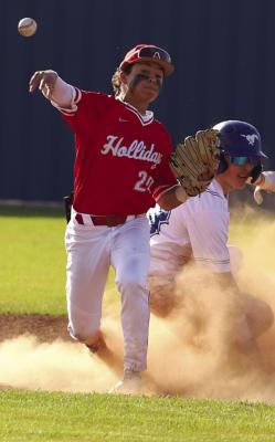 Holliday’s Isaac Villa turns a nifty 6-3 double play in the third inning of the Eagles’ 15-0 win over City View on Tuesday, March 21. Photo/Will Edwards