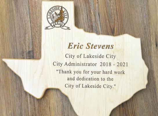 The Lakeside City city council presented Eric Stevens with this plaque during its council meeting Tuesday, April 20, to recognize Stevens for his time as City Administrator. Courtesy photo