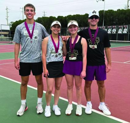 Mixed Doubles consisting of returning sophomores will spearhead Archer City tennis this spring. From L-R: Reed Truette and partner Millie Mayo, Ashlyn Harvey and partner Seth Truette. File photo
