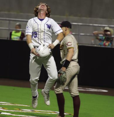 Windthorst outfielder Brock Belcher celebrates after scoring a run in extra-innings in the Area-round matchup with Collinsville on Friday, May 9. File photo