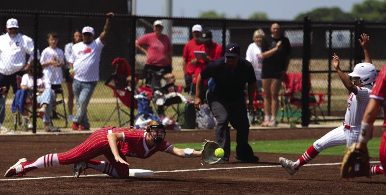 Lady Eagle third baseman Jordan Peters extends for a ground ball in the Regional Semifinals battle against Coahoma on Friday, May 8. Photo/Landon Davis