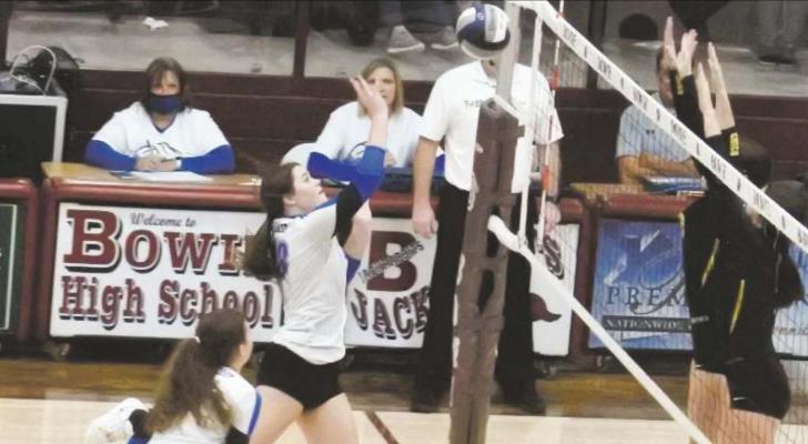 Senior Kacee Teichman looks to attack in the third set of Windthorst’s 3-0 bi-district loss to Chico on Thursday, Oct. 29, in Bowie. Photo/Will Edwards