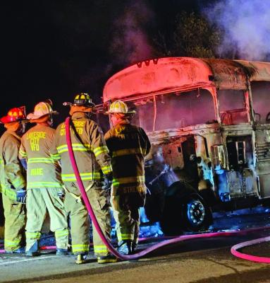 The Lakeisde City Volunteer Fire Department responded to a Holliday ISD bus fire on U.S. 281 on Friday, Nov. 8. All members of the Holliday football team got off the bus safely. Courtesy photo/Lakeside City VFD