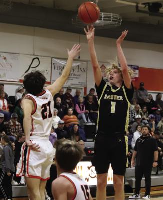 Senior Kellar Crow nails a midrange jumpshot over a Nocona Indian defender. Crow finished the night with six points. Photo/Landon Davis