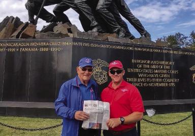 Cletus Schenk, 94 years-old, of Scotland, was recently honored along with 44 other Vets to go on the Honor Flight DFW #48. They were flown to Washington DC and escorted through the Washington mall. Cletus was chosen as one of the two honored to present the Wreath at the Tomb of the Unknown Soldier. He is shown here with the Archer County News and his Friend and Guardian for the trip, Greg Gibbs. Courtesy photo