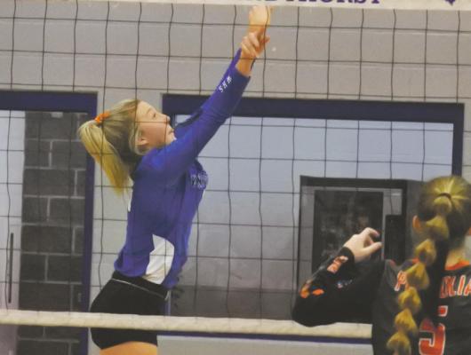Freshman Rylee Wolf sets the ball in the first set of the Trojanettes 3-0 win over Petrolia on Tuesday, Sept. 29. Photo/Will Edwards
