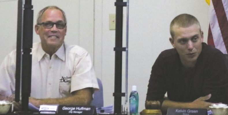 Archer City City Council meets in person with plexiglass cubicle dividers. L to R: City Manager, George Huffman and Mayor, Kelvin Green. Photo/Jerry Phillips