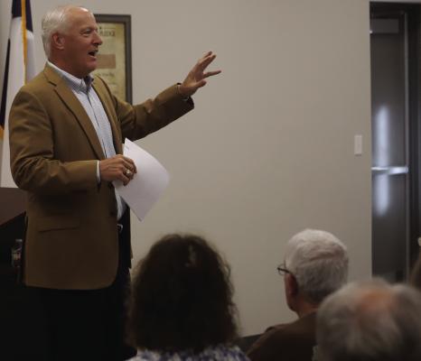 State Rep. James Frank speaks during a town hall meeting April 2 at the Lakeside City Community Center, addressing community concerns about a proposed data center project in Archer County. Photo/Nathan Lawson