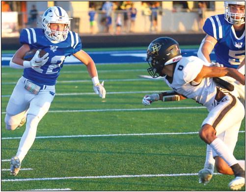 Windthorst junior Kasen Wiles had a breakout performance for the Trojans, registering eight grabs for 142 yards and two scores while also pouncing on a loose ball in the endzone for a third score early in the third quarter of the Trojans 47-7 win over Haskell on Fri., Sept. 22. Photo/Will Edwards