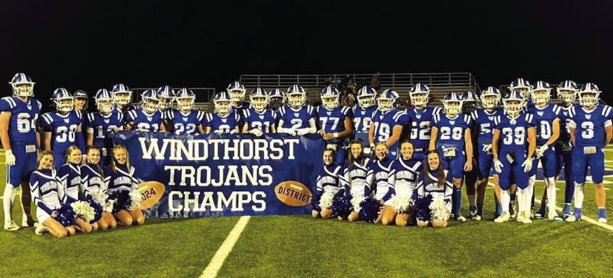 Windthorst celebrates its district title with a team photo following the Trojans' 26-20 win over Petrolia on Friday, Nov. 8. Courtesy photo
