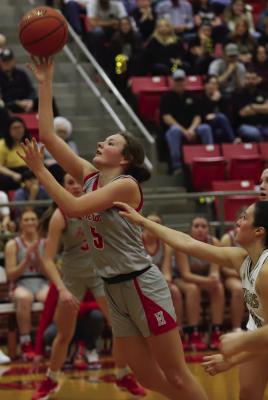 Holliday sophomore Rylee Whitley drives the lane and sinks a midrange floater in the Lady Eagles’ Bi-District round meeting with Comanche on Monday, Feb. 16. Photo/Landon Davis
