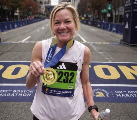Cecilia Vieth Holt, a 1986 graduate of Windthorst ISD, completed her fifth marathon at the Boston Marathon on April 20, 2026, setting a personal record with a time of 3 hours and 45 minutes, Courtesy photo
