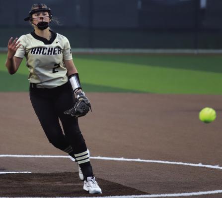 Archer City's Addi Canada launches a pitch against the Lady Indians in the Lady Cats Regional Semifinals loss to Riesel on Thursday, May 16, in Stephenville. Photo/Landon Davis