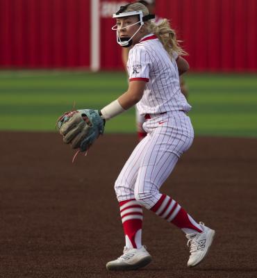 Holliday infielder Kendalynn Muhlbauer eyes a throw to first during the Lady Eagles’ 21-0 win over Henrietta on Tuesday, March 17. Photo/Landon Davis