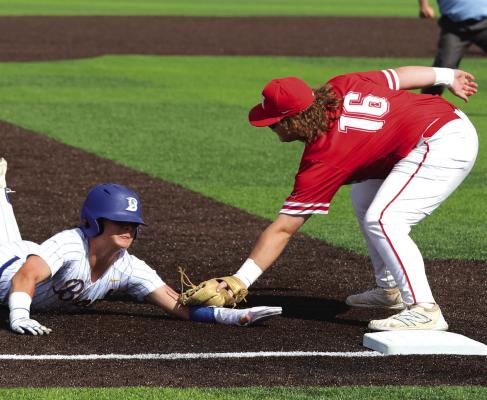 Holliday's Rylan Hutchins applies the tag on Brock play at third base during the Eagles Regional Quarter Finals loss to Brock on Friday, May 17. Photo/Landon Davis