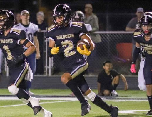 Archer City’s Kole Stovall returns a game-clenching interception in the waning moments of the Wildcats’ 27-20 win over Haskell on Friday, Oct. 14. Photo/Will Edwards