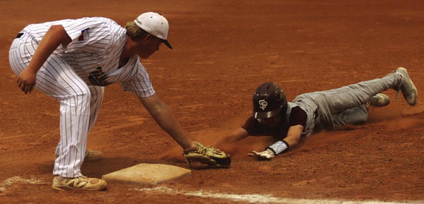 Wildcat third baseman Shooter Canada catches a Panther stealing in Archer City’s 9-4 win over Seymour on Tuesday, April 14. Photo/Landon Davis