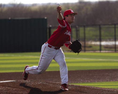 Holliday’s Peyton Marchand fired a no-no on 96 pitches, stymieing the Hawks lineup all evening in the Eagles’ 6-0 win on Tues., March 28. Photo/Will Edwards