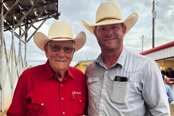 Cletus Schenk (left) was honored at the Wichita County Mounted Patrol Rodeo on Saturday, June 7. Also pictured is WCMP President Hunter Cure. Courtesy photo