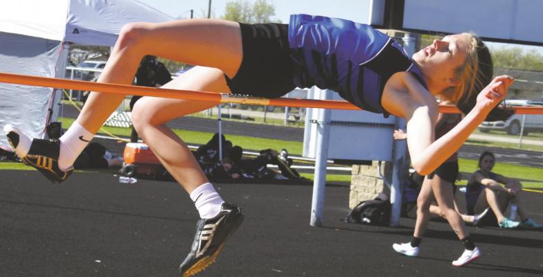 Windthorst’s Ciarra Veitenheimer clears the bar in the high-jump en-route to an area-meet berth during the District 9-2A meet on Thursday, April 1. Photo/Will Edwards
