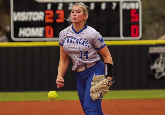 Windthorst's Tara Tackett allowed just two earned runs on six hits against district rival Archer City on Monday, March 27. Photo/Will Edwards