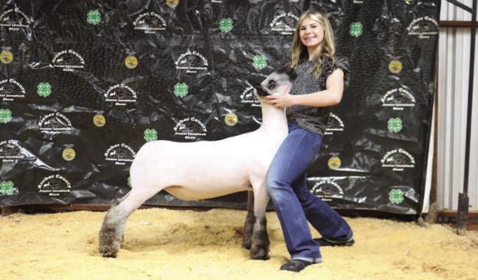 Kinzee McCall poses with her Grand Champion Market Lamb Project. Photo/Nathan Lawson
