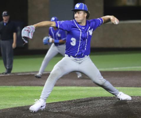 Windthorst pitcher Conner Schreiber throws his final high school pitch against the Collinsville Pirates in the Trojans’ Area-round clash on Friday, May 8 at Denton High School. Photo/Landon Davis