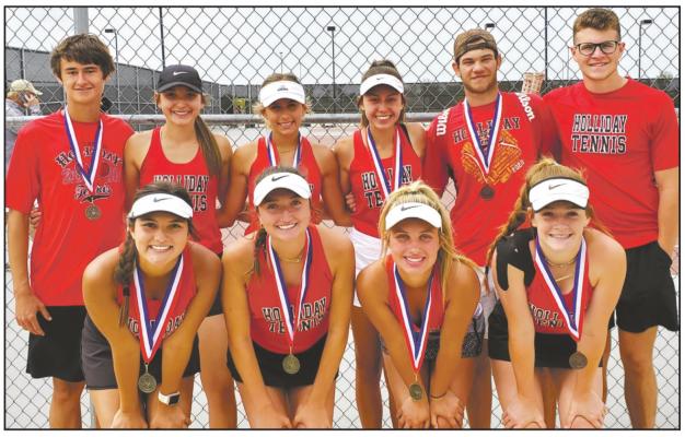 The Holliday tennis team claimed wins in girl’s and boy’s singles as well as girl’s doubles to send four athletes to the regional meet in Abilene. Courtesy photo