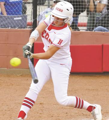 Holliday’s Sydney Linn connects with a triple in the Lady Eagles’ 15-0 win over City View on Friday, April 2. Photo/Will Edwards