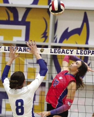 Windthorst’s Kyah Frank slams down a kill against the Legacy Lady Leopards on Tuesday, Oct. 15 Photo/Landon Davis