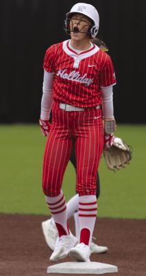 Lady Eagle Kyra Seward fires up her team after a two-run double against Merkel in the Area round on Wednesday, April 29. Photo/Landon Davis