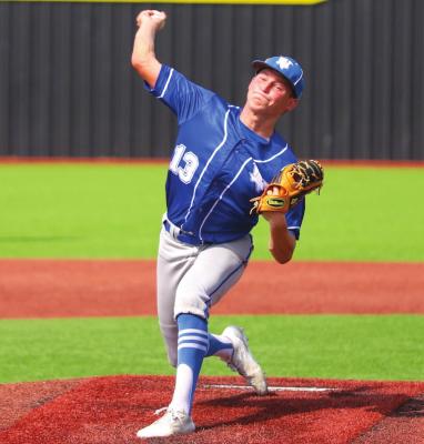 Windthorst’s Cooper Wolf earned the win in his final appearance on the mound, taking a 7-6 decision over Collinsville in game one on Thurs., May 19. Wolf finished the year with a 7-2 record. File photo