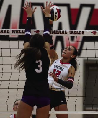 Holliday hitter Addisyn Scott knocked down 12 kills in the Lady Eagles’ 3-1 Bi-District win over Early on Thursday, Oct. 30. Photo/Landon Davis