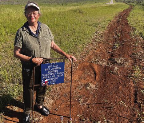 Lady Bird Johnson Wildflower Center Member Diane Andrews Hays, of Hutton-Wolf Ranch, is maintaining 0.6 of a mile of bluebonnet plants on FM 2178. She will plant bluebonnet seed in the fall of 2023. Courtesy photo