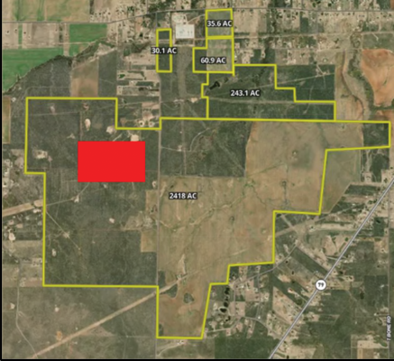The Red Box shows the site of the where the first buildings would be built for the Project Raptor Data Center if Google elects to move forward on the project.