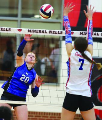Windthorst’s Charlee Wolf hits over a point in the Trojanettes’ 3-0 sweep against Coleman on Monday, Nov. 3. Photo/Landon Davis