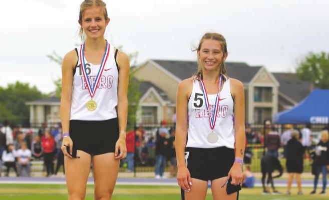 Holliday’s Hannah Spears and Jaycee Lyons finished first and second in the 1600 and 3200 to both advance to state at the Region I-3A Track Meet in Abilene on Friday, April 23. Courtesy photo/Jolene Styles