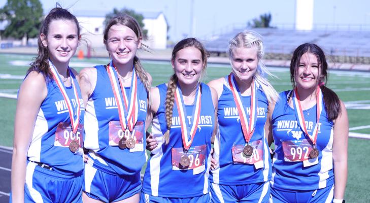 Windthorst’s cross country team of Kyah Frank, Annikah Frank, Savannah Cantu, Cameron Belcher and Maddy Johnson finished third at the District 9-2A meet on Wednesday, Oct. 12. Belcher won the event for the third year in a row with a time of 12:22.18. Photo/Jerry Phillips