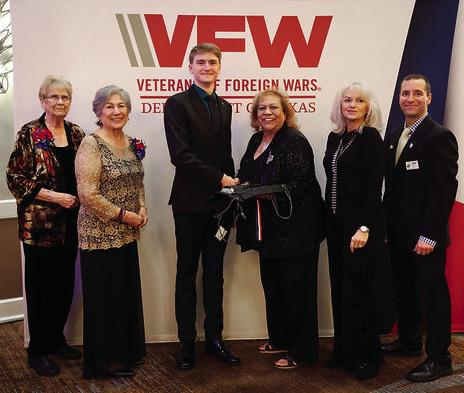 Matthew Herndon, of Holliday High School, receiving his $6,000 sixth-place Texas Veterans of Foreign Wars Voice of Democracy scholarship award at the Texas VFW Mid-Winter Convention in Corpus Christi, on Saturday, Jan. 17. Herndon was sponsored by the Scotland-Windthorst VFW Post 2676 and VFW District 8. Also pictured with Matthew are members of the Texas VFW AUXILIARY 854, San Antonio, who sponsored the scholarship. Courtesy photo/VFW Post 2676