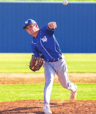 Windthorst’s Gage Lindley improved to 2-1 on the year, allowing just one hit in 5.0 innings of work in the Trojans 11-0 shutout of Olney in game two on Tuesday, April 26. Photo/Will Edwards