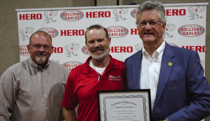 Pictured (left to right) Holliday ISD Superintendent Cody Carroll, HEF President Hayden Hansen, and Rep. Dr. Glenn Rogers at the Holliday EF Donors Appreciation Dinner. Courtesy photo