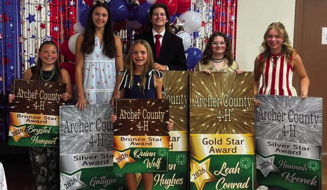 At the Archer County 4-H banquet the organization recognized its star of the year. Bronze star recipients were Brystol Humpert and Quinn Wolf. Silver star recipients were Gatlynn Revell and Hannah Krenek. Gold star recipients were Leah Conrad and Evan Hughes. Courtesy photo