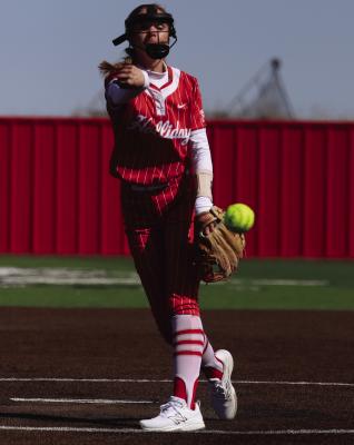 Lady Eagle pitcher Madalynn Tigert fires a pitch during the Archer County Classic on Friday, Feb. 20. Photo/Landon Davis